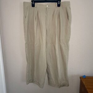 Vintage Smash Mens 44 Beige Linen Pleated Cuffed Trousers Preppy Old Money Beach